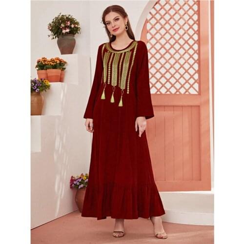Ramadan Muslim Women Embroidery Tassel Long Dress Women Islamic Clothing Ethnic Vintage Maxi Robe Gown Dubai Abaya Arab Fashion
