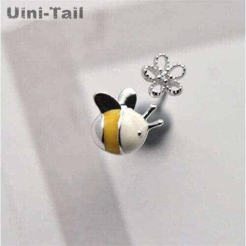 Uini-Tail hot new 925 sterling silver asymmetric temperament sweet hollow flowers little bee earrings girls cute fashion trend