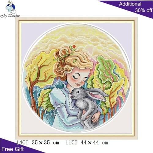 Joy Sunday Girl And Rabbit Home Decoration RA302 14CT 11CT Counted and Stamped Beauty Girl Needlework Cross Stitch kit