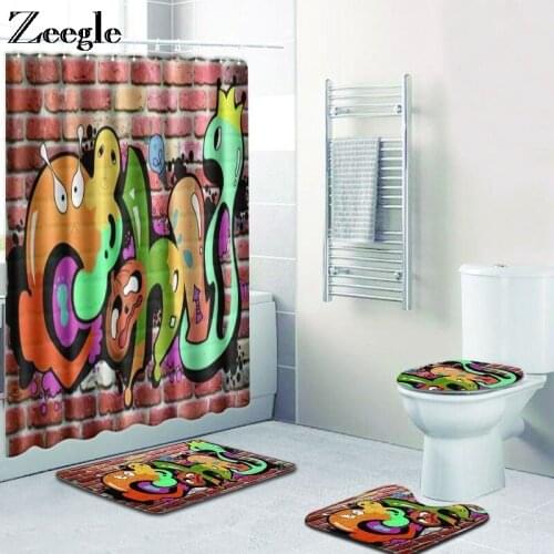 Zeegle Bath Mat and Waterproof Shower Curtain Absorbent Bathroom Carpets Anti Slip Bathroom Doormat Washable 4pcs Toilet Set
