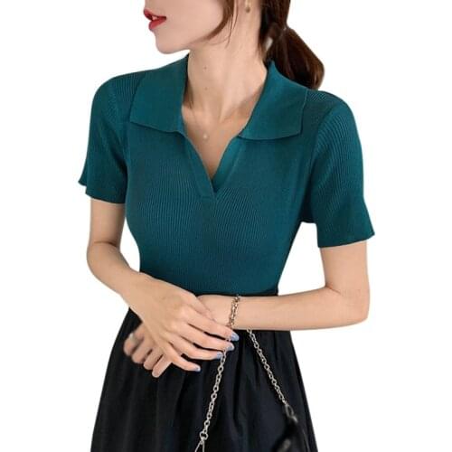 Womens Solid V Neck T-Shirt Korean Style Fashion Casual Short Sleeve Knitted Polo Tee Tops