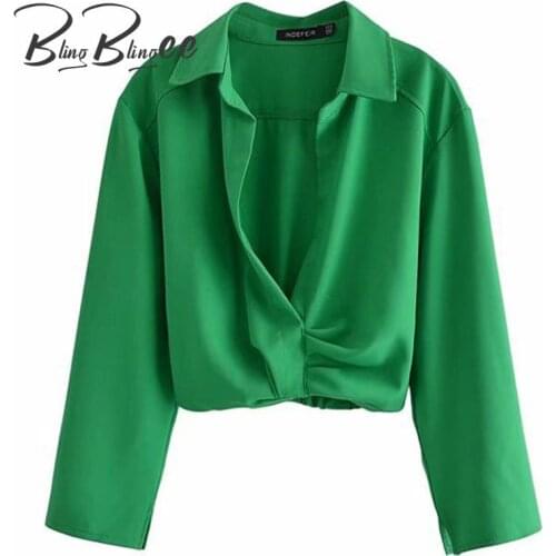 BlingBlingee 2021 Summer Fashion Split Cuff Drop Shoulder Ruched Detail Women Green Shirt Elastic Hem Deep V Female Crop Tops