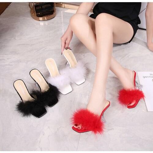 Echoine Summer Furry Slippers ladies Sandals Summer Sexy Pointed Toe Heels Women Mules Shoes Fluffy Slides