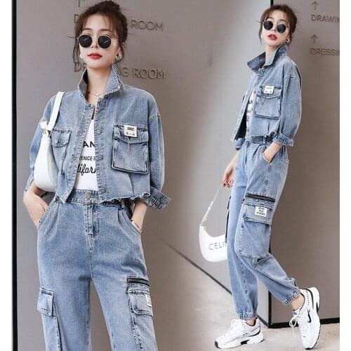 Asian M-XL Womens Set Autumn Spring Female 2pcs Suits Long Sleeve Denim Jacket + Jeans Solid Color Ladies Clothes Hc128
