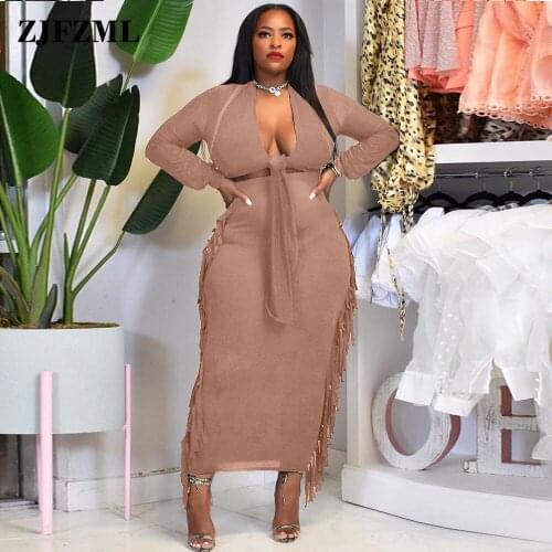 Black Dark Brown Sexy Two Piece Dress Suits for Women Deep V Neck Long Sleeve Crop Top+side Tassels Spliced Bodycon Maxi Skirt