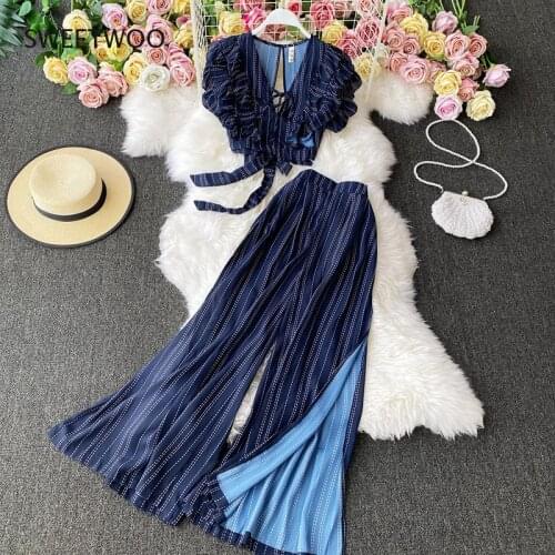 Vintage Blue Striped Two Piece Set Women Sexy V-Neck Ruffle Short Tops + High Waist Split Wide Leg Pants Female Suit 2021