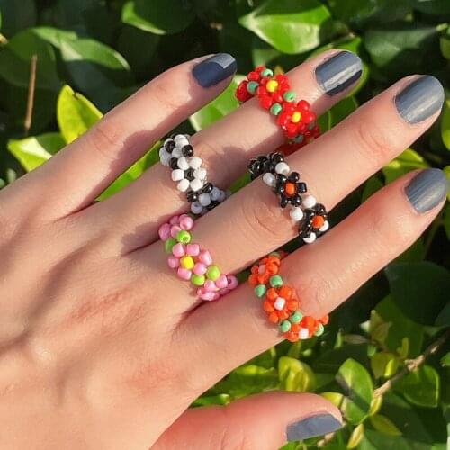 Origin Summer Bohemian Rainbow Contrast Color Beads Rings for Women Beach Sweet Colorful Beaded Elastic Ring Holiday Accessories