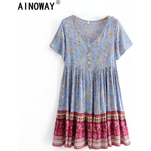 Vintage chic Boho women Floral print short sleeve sashes beach Bohemian mini dress Ladies botton V neck happie dress vestidos