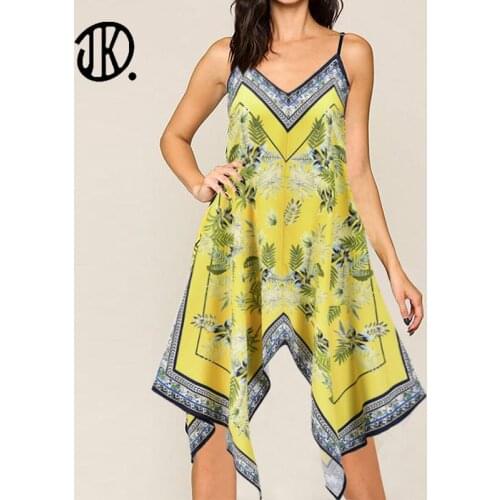 Sexy Suspender Backless Dress Summer V-neck Irregular Hem Loose Robe Female Floral Print Sleeveless Dresses Vintage Vestidos 2XL