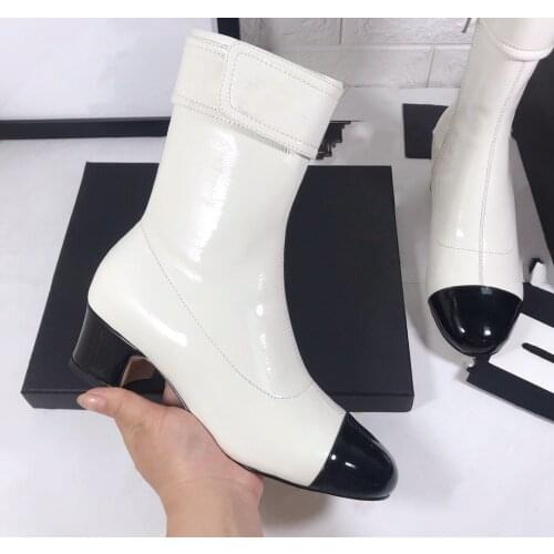 Kmeioo winter shoes for women round toe med-calf boots chunky heels zipper fashion boots 4.5cm white black