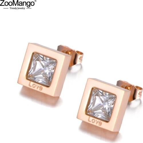 ZooMango Titanium Stainless steel Cubic Zirconia Stud Earrings Jewelry Trendy OL Style Rose Gold Earrings For Women Gift ZE18485