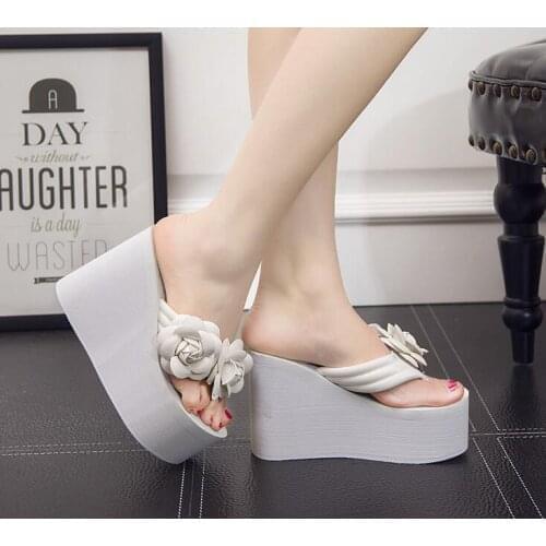 11cm flip flop wedges heels summer sandals slippers woman shoes women girls beach shoe light bottom platform handmade flowers