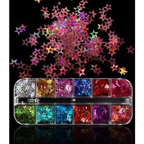 12 Grids/Box Holographic Glitter Hollow Stars Shape Sequins Epoxy Resin Filling DIY Crafts Jewelry Making Flake Nail Art