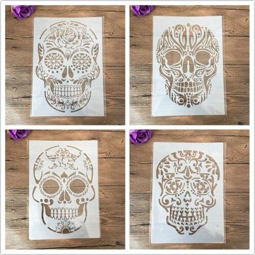 4pc/set A4 29 * 21cm DIY Skull Stencils Wall Painting Scrapbook Coloring Embossing Album Decorative Paper Card Template,wall