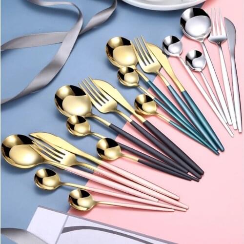 4pcs/set Stainless Steel Cutlery Set Black Gold Tableware Dinnerware Silverware Flatware Set Dinner Knife Fork Long Handle Spoon