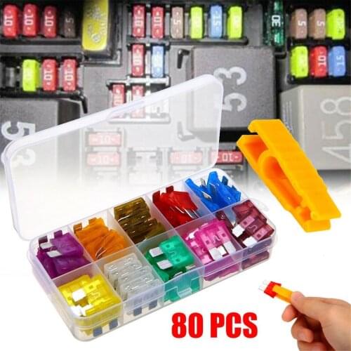 80pcs 12V Standard Blade Car Fuses High Quality Auto Medium Blade Fuses Kit 3A~40A Assorted Set + 1pc Puller Kit