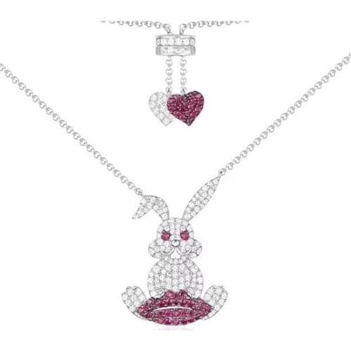 SLJELY 925 Sterling Silver Rabbit with Red Lip Pendant Necklace Pink Zircon Heart Chain Women Yao Chen Collection Fine Jewelry