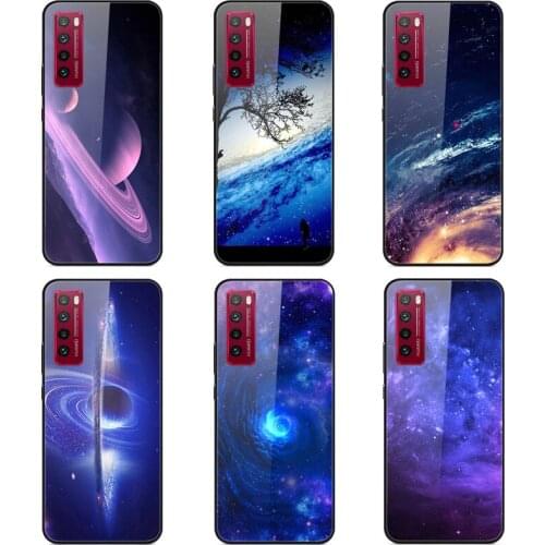 Case Huawei Nova 7 7Pro Phone Case Back Cover Black Silicone Bumper With Tempered Glass Star Sky Pattern