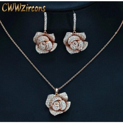CWWZircons Geometric Flower Design Cubic Zircon Fashion Brand Women Rose Gold Color Earrings Necklace Pendant Jewelry Sets T016