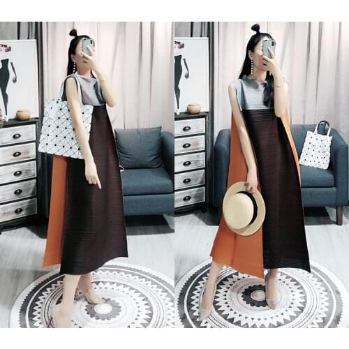 HOT SELLING Miyake summer fashion patchwork pleated loose medium-long plus size women DRESS IN STOCK