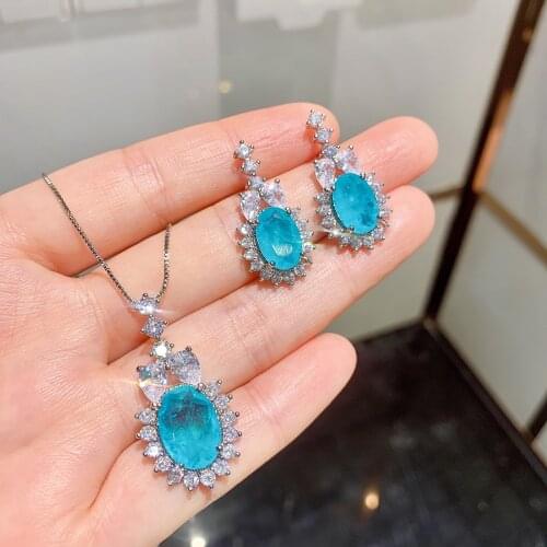 QTT Delicate 925 Sterling Silver Bridal Sets Egg Paraiba Tourmaline Gemstone Necklace Dangle Earrings Retro Jewelry Sets