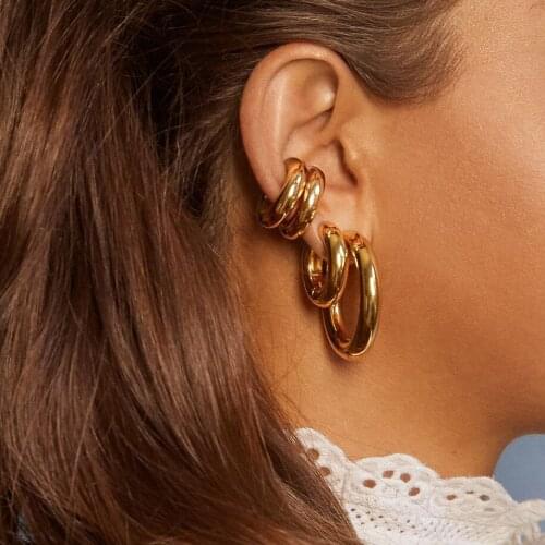Fashion 2021 Simple Geometric Round Lock Buckle Gold Color Metal Brass Hoop Earrings For Women Party Punk Jewelry Factory Outlet