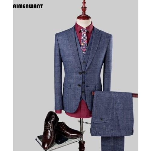 AIMENWANT Mens Suit Set British Plaid Business Formal Suit Korea Slim Groom Wedding (Jacket+Pants+Vest) Dinner Prom Blazer