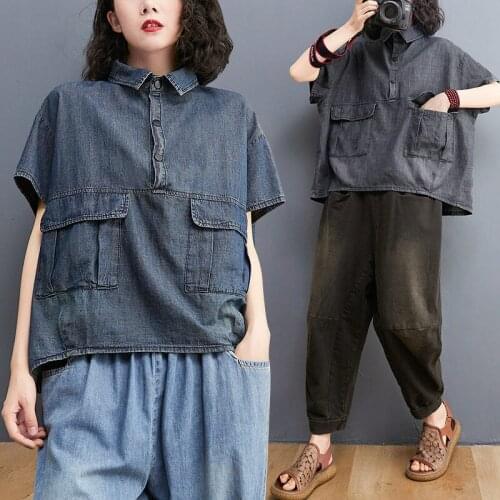 Large Pocket Turn Down Collar Short Sleeved Denim Shirt Women 2021 Summer New Retro Casual Loose Plus Size Blouse Tops zh1299