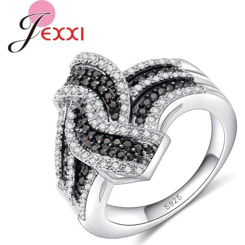 New Unique Design Fashion Jewelry Luxury Black Clear Crystal Women Wedding Engagement & wedding 925 Sterling Silver Ring