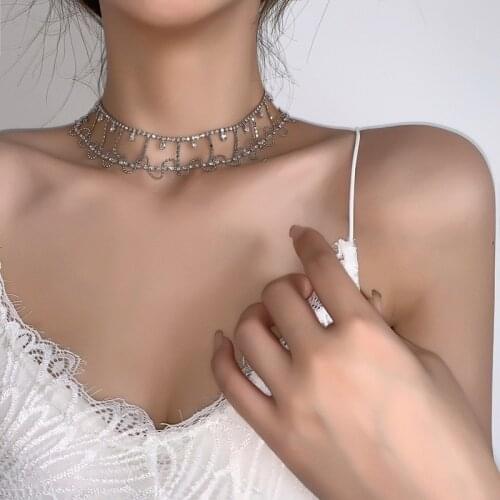 Origin Summer Bling Bling Cubic Zircon Double-Layer Chokers Necklace for Women Girls Silver Color Metal Tassel Necklace Jewelry