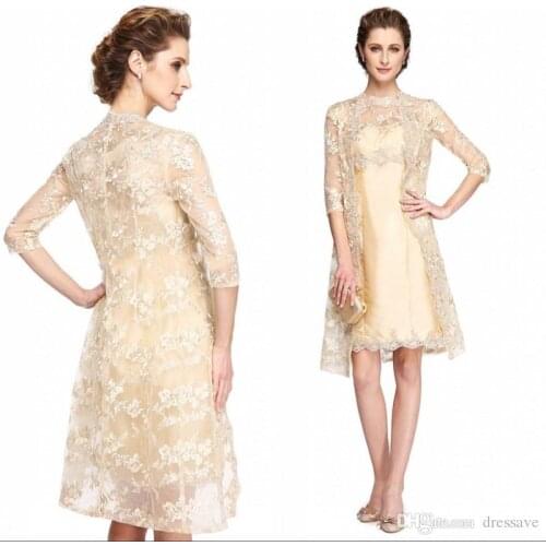 Apricot Mother of the Bride Groom Dresses with Satin Jacket Knee Length Champagne Lace kurti Sheer Jewel Neck