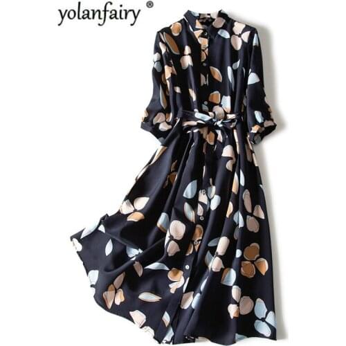 100% Silk Dress Women Elegant Spring Summer Floral Shirt Dress Midi Beach Boho Dresses Party Korean Vestidos De Mujer A0869 KJ