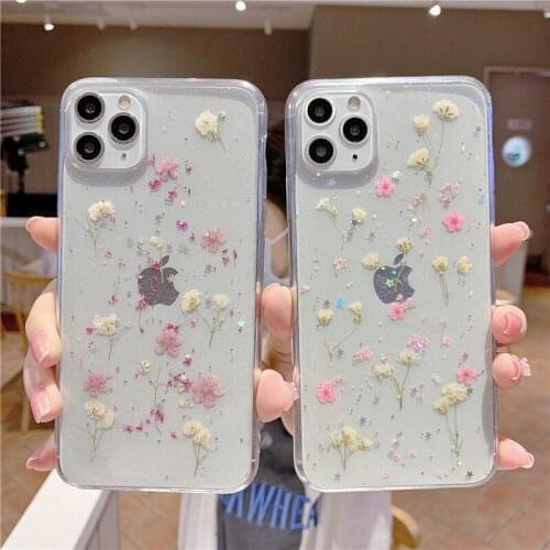 Transparent Glitter Dried Flower Phone Case For iPhone 11 Pro Max 6 6S 7 8 Plus X Soft Cover For iphone XR XS Max SE 2020 cases
