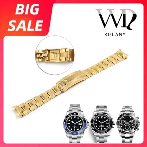 Rolamy 20mm Gold Silver Solid Curved End Screw Links Glide Lock Clasp Steel Watch Band For Rolex OYSTER Daytona GMT Submariner