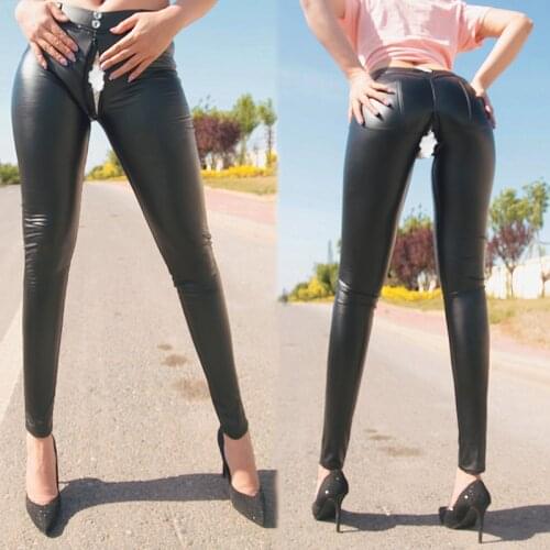 Outdoor Open Crotch Pants Women Fitness PU Leather Tight Leggings with Pockets Hidden Zipper Booty Lifting Ankle-Length Trousers