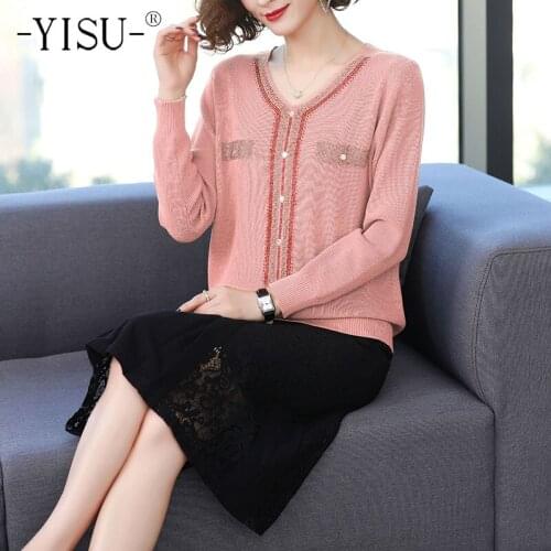 YISU 2021 New Women blouse Sweater V-Neck Solid color Knitted Pullover Long sleeve Female Fashion Thin Women clothing