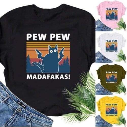 Gun Kitten Cat Womens Short Sleeve T-shirt T Shirt for Women Kawaii Harajuku Graphic T Shirts Streetwear Women Top