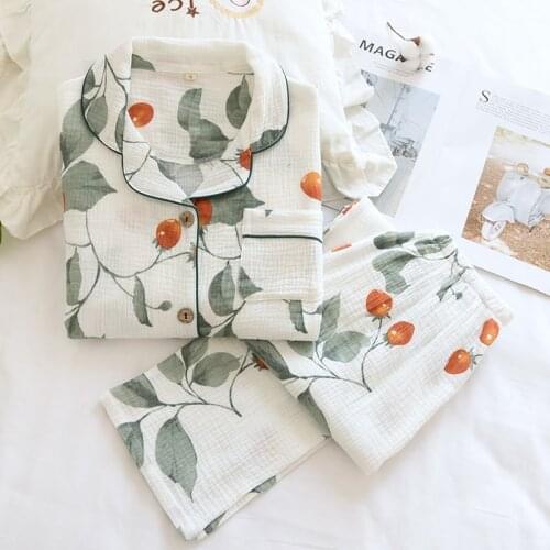 Women Cotton Gauze Pajamas Long Sleeve Spring Pajama Set Purple Lavender Print Sleepwear 2 Piece Casual Loose Sexy Nightwear