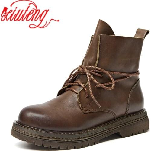 Xiuteng New Spring Fashion Boot Women Shoes for Lady Genuine Leather Boots Lace-Up Round Toe Ankle Boots Breathable Black Brown
