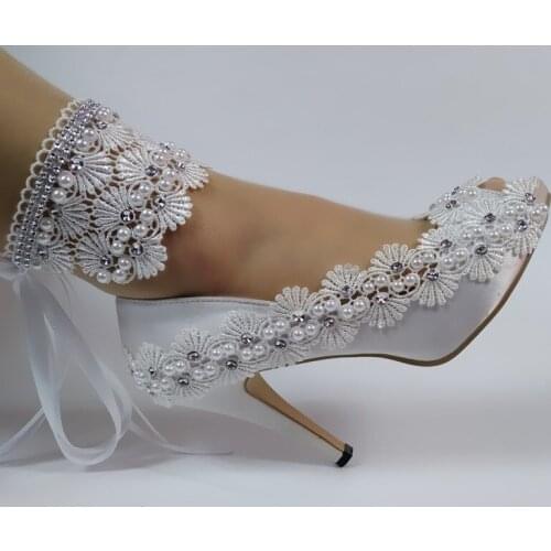 2020 New Arrival White Flower shoes Women Ankle Strap Bride Wedding shoes female Open Toe party Dress shoes High heeled Pumps