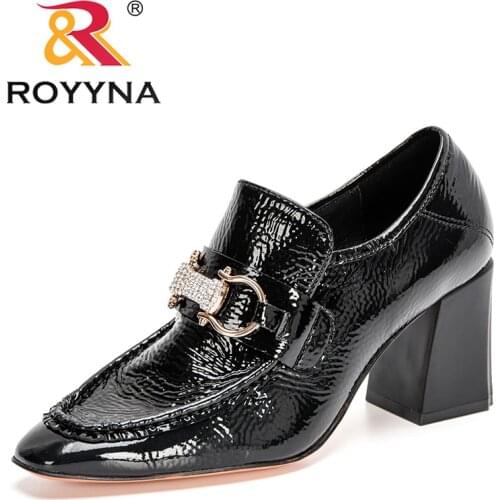 ROYYNA 2021 New Designers Patent Leather High Thick Heels Women Fashion Black Party Office Pumps Crystal Wedding Shoes Ladies
