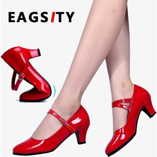 EAGSITY Mary Jane shoes ankle strap pointed toe fashion red women shoes kitten heel pumps party dancing slingback square heels