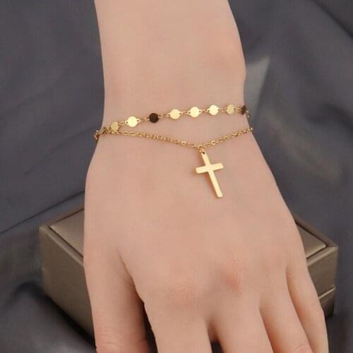 Punk Cross Pendant Double Layer Bracelet Women Stainless Steel Bracelet For Women Bracelets Chain Bracelet For Women Jewelry