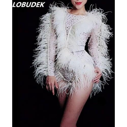 White Pearls Crystals Feathers Sleeve Bodysuit Women Singer Concert Costume Nightclub Bar DJ Dancer Sexy Stage Wear Dance Outfit