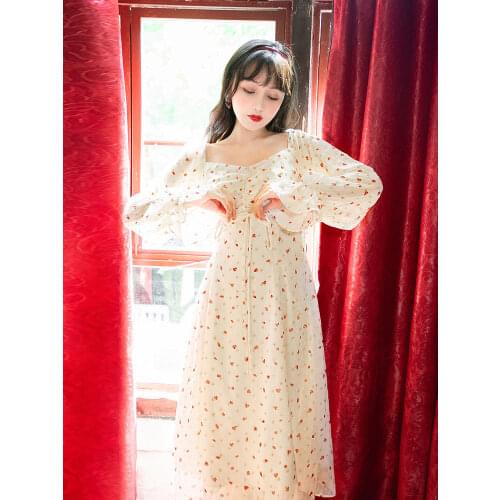 Summer New Womens Japanese Pastoral Girly Style Sweet Love Printed Square Neck Chiffon Dress Bohemian Beach Long Dress