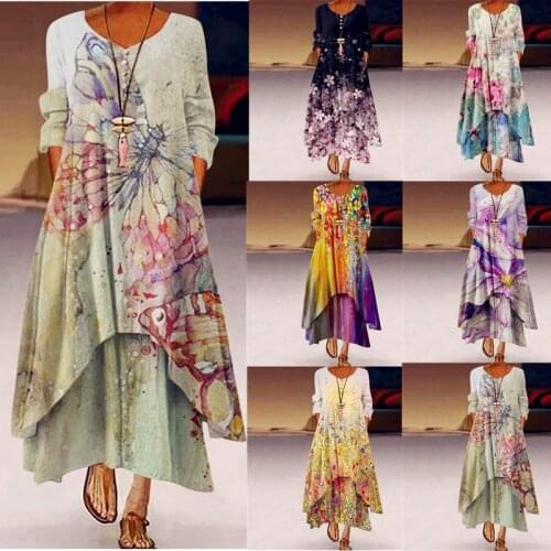 Women 2021 Loose Pocket Boho Vintage Ruffles Befree Printed Dress Full Long Sleeve Spring Party Beach Maxi Dresses Plus Sizes