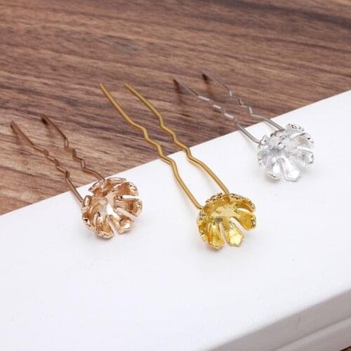 10PCS Vintage Metal Alloy U Shape Hair Fork 13.5mm Flowers Hair Sticks Base Setting Bridal Headwear Accessory For Jewelry Making