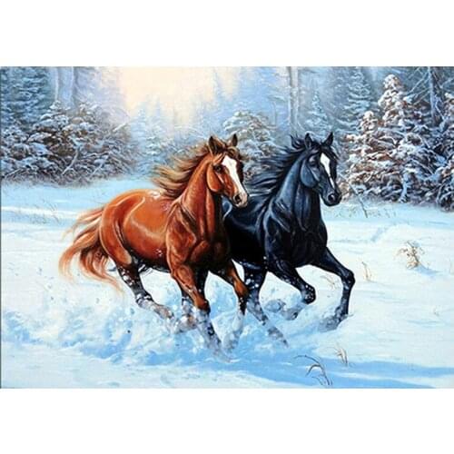 5D Diy Diamond Painting Snow Two Horse Round Rhinestone Diamond Embroidery Handicraft Inlay Mosaic Cross Stitch Crafts
