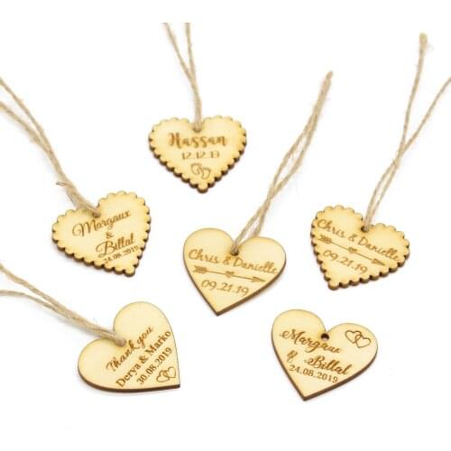 60 Personalized custom Engraved wedding name and date Love Heart wooden Wedding Gift Table Decoration Favors Candy Tags