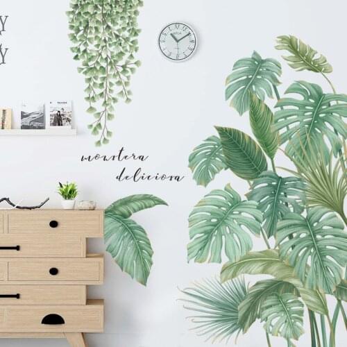 Watercolor Hand Drawn Tropical Plants Palm leaf Vines Wall Stickers For Living Room Home Decorative Stickers PVC Decal for Wall
